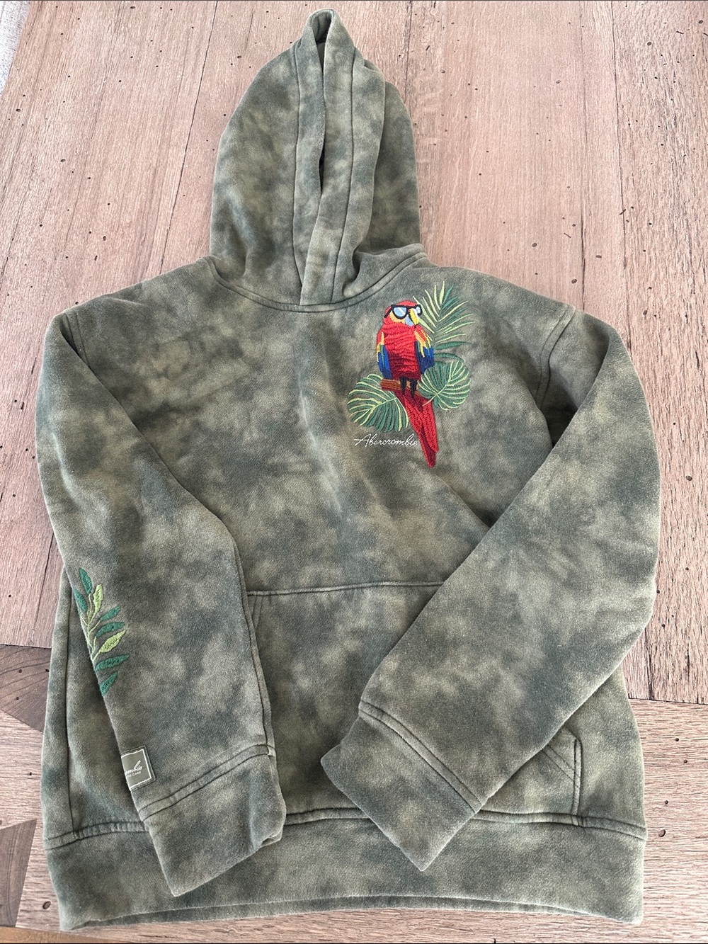 abercrombie kids Olive Tie-Dye Hoodie with Colorful Parrot Embroidery